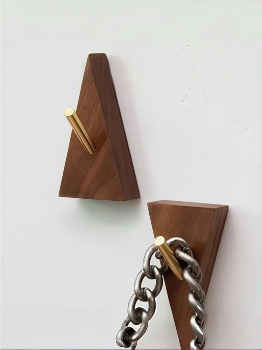 Wood Triangle Wall Hook with Brass Peg - Brown